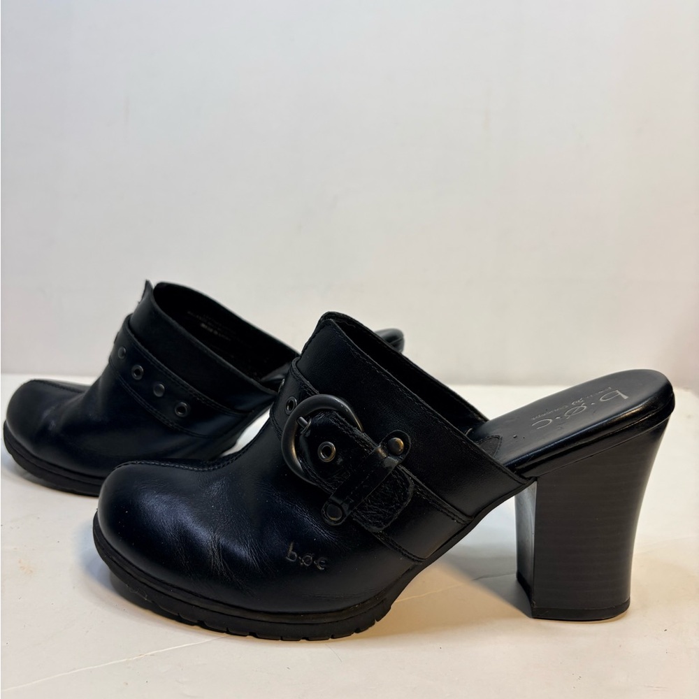 b.o.c. Black Leather Buckled Clog Mules